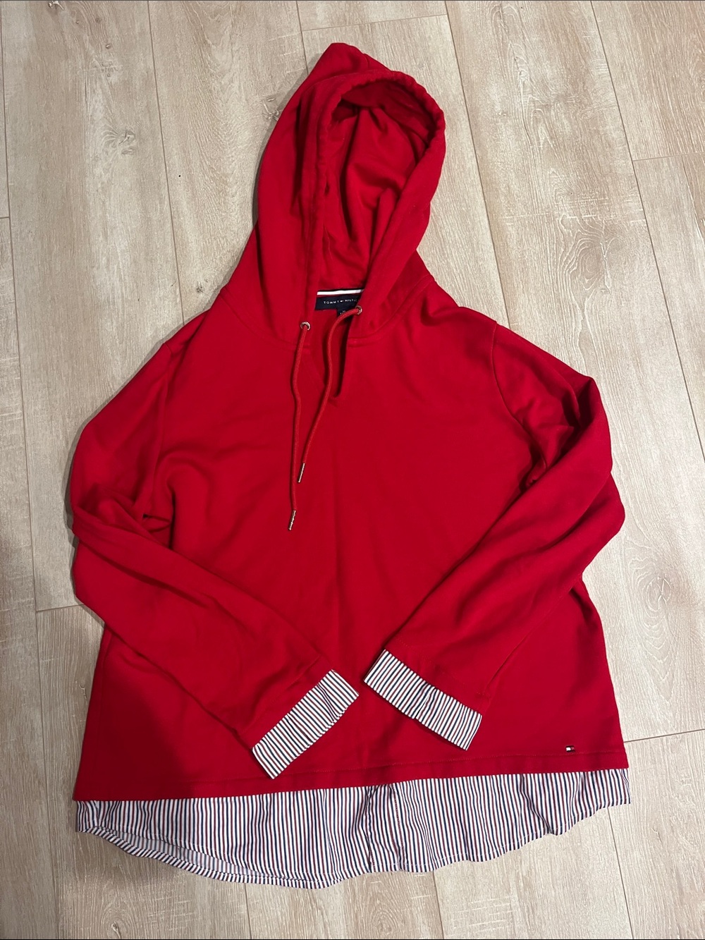 Tommy Hilfiger Red Hooded Pullover with Striped Hem